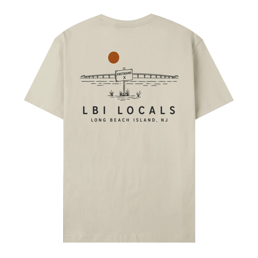 Back view of the LBI Locals x Knotbound tee in khaki, showing the Long Beach Island bridge graphic.