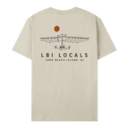 Back view of the LBI Locals x Knotbound tee in khaki, showing the Long Beach Island bridge graphic.