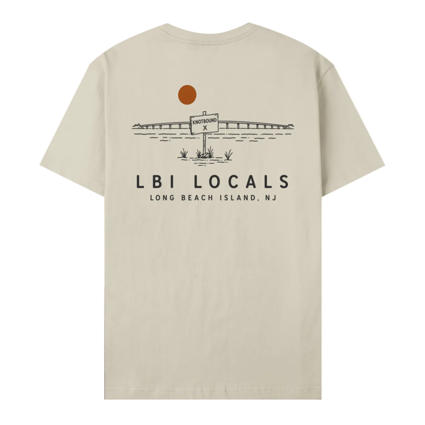Back view of the LBI Locals x Knotbound tee in khaki, showing the Long Beach Island bridge graphic.