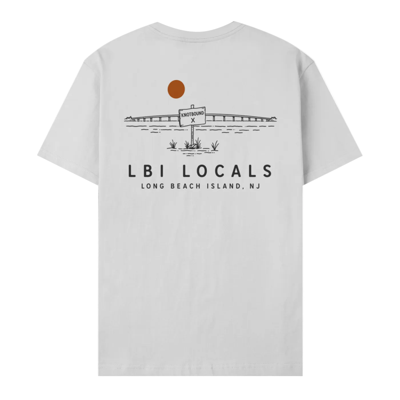 A light gray short-sleeve t-shirt shown from the back, featuring a black line art graphic of a bridge, a sign, and a brown sun, with the text 'LBI LOCALS' and 'LONG BEACH ISLAND, NJ' printed below.