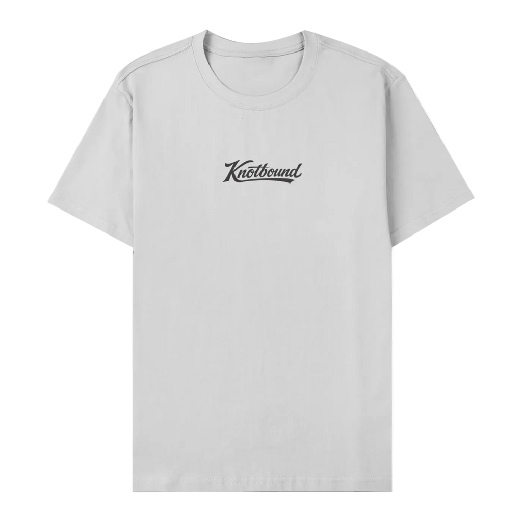 Front view of the LBI Locals x Knotbound tee in light grey, with the Knotbound logo printed on the center chest.
