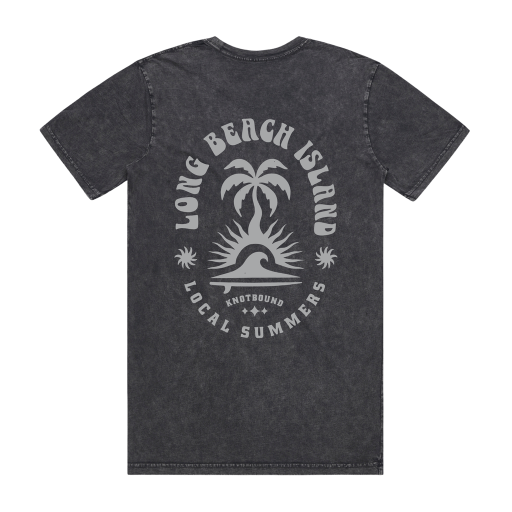 A dark gray acid-wash t-shirt shown from the back, featuring a large white graphic print of a palm tree and sun over the ocean with the text 'LONG BEACH ISLAND', 'KNOTBOUND', and 'LOCAL SUMMERS'.