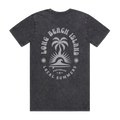 A dark gray acid-wash t-shirt shown from the back, featuring a large white graphic print of a palm tree and sun over the ocean with the text 'LONG BEACH ISLAND', 'KNOTBOUND', and 'LOCAL SUMMERS'.