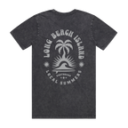 A dark gray acid-wash t-shirt shown from the back, featuring a large white graphic print of a palm tree and sun over the ocean with the text 'LONG BEACH ISLAND', 'KNOTBOUND', and 'LOCAL SUMMERS'.