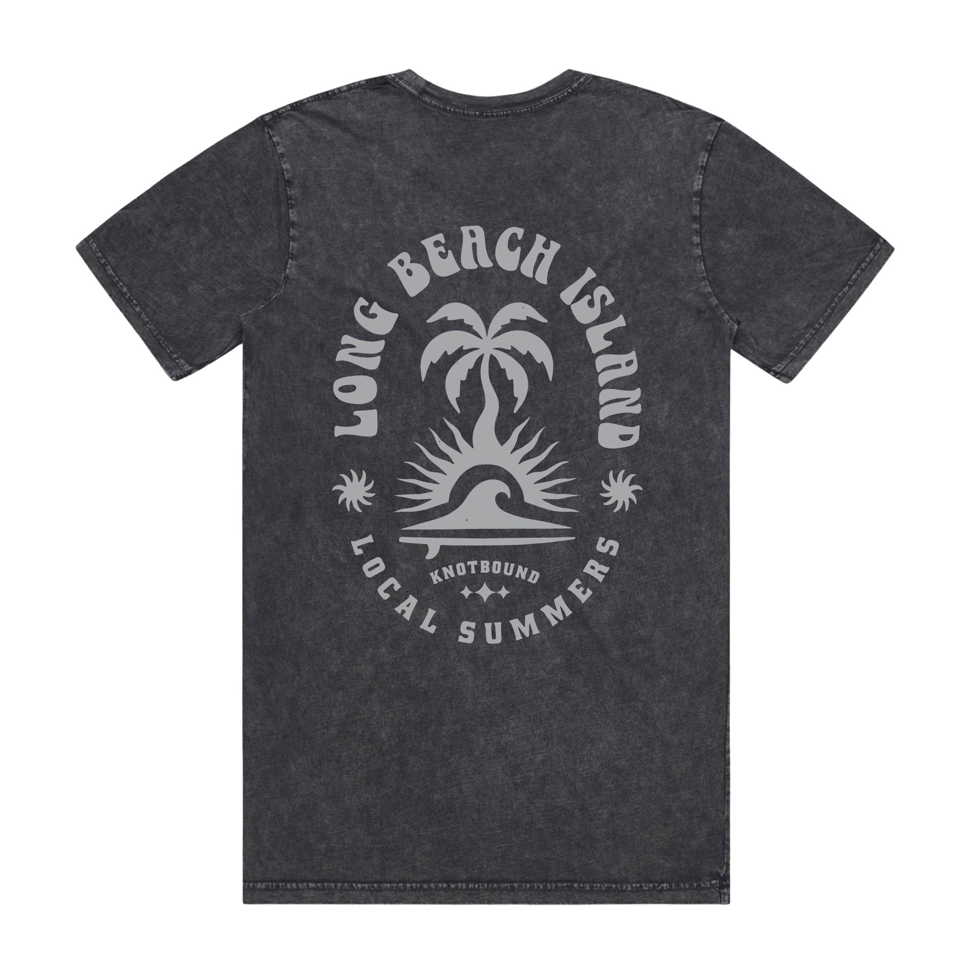 A dark gray acid-wash t-shirt shown from the back, featuring a large white graphic print of a palm tree and sun over the ocean with the text 'LONG BEACH ISLAND', 'KNOTBOUND', and 'LOCAL SUMMERS'.