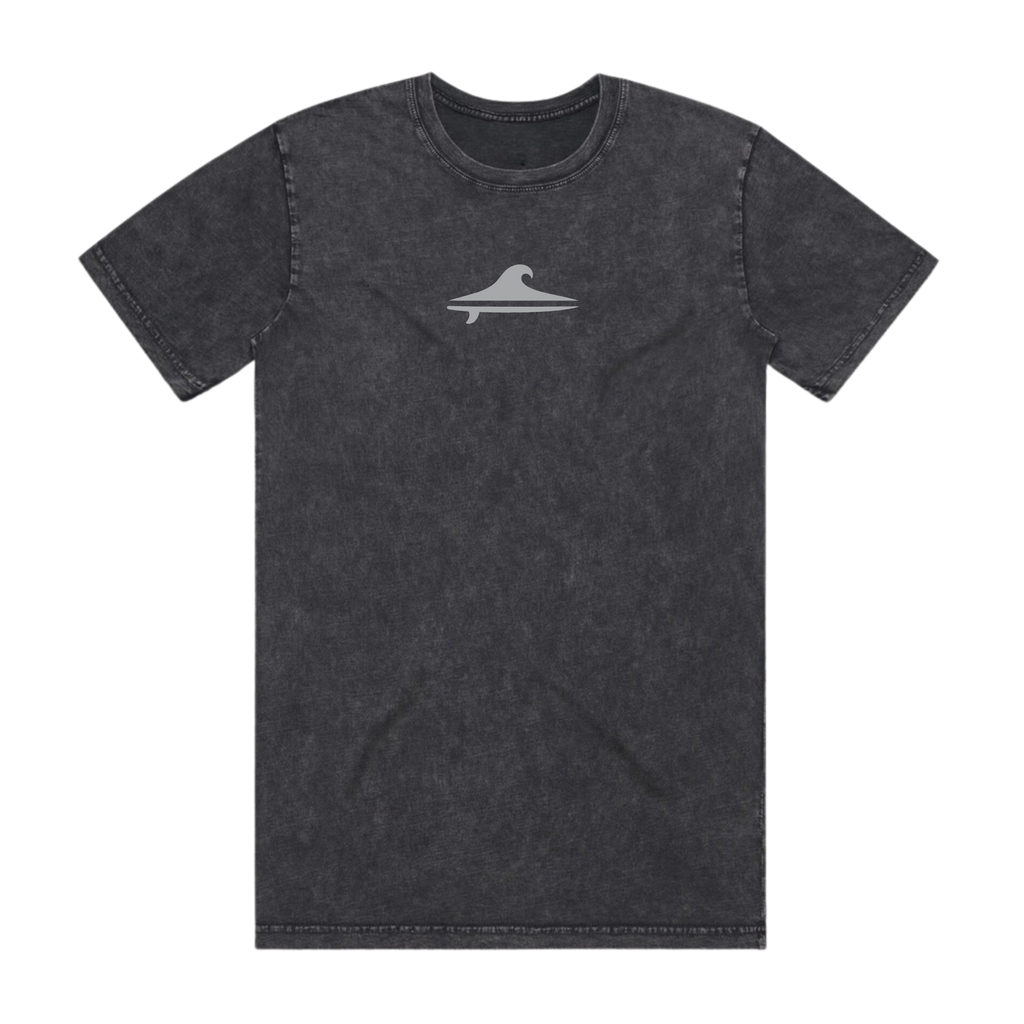 A dark gray acid-wash short-sleeve t-shirt with a small gray surfboard wave logo on the center chest, displayed flat against a solid white background.