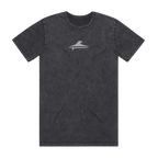 A dark gray acid-wash short-sleeve t-shirt with a small gray surfboard wave logo on the center chest, displayed flat against a solid white background.