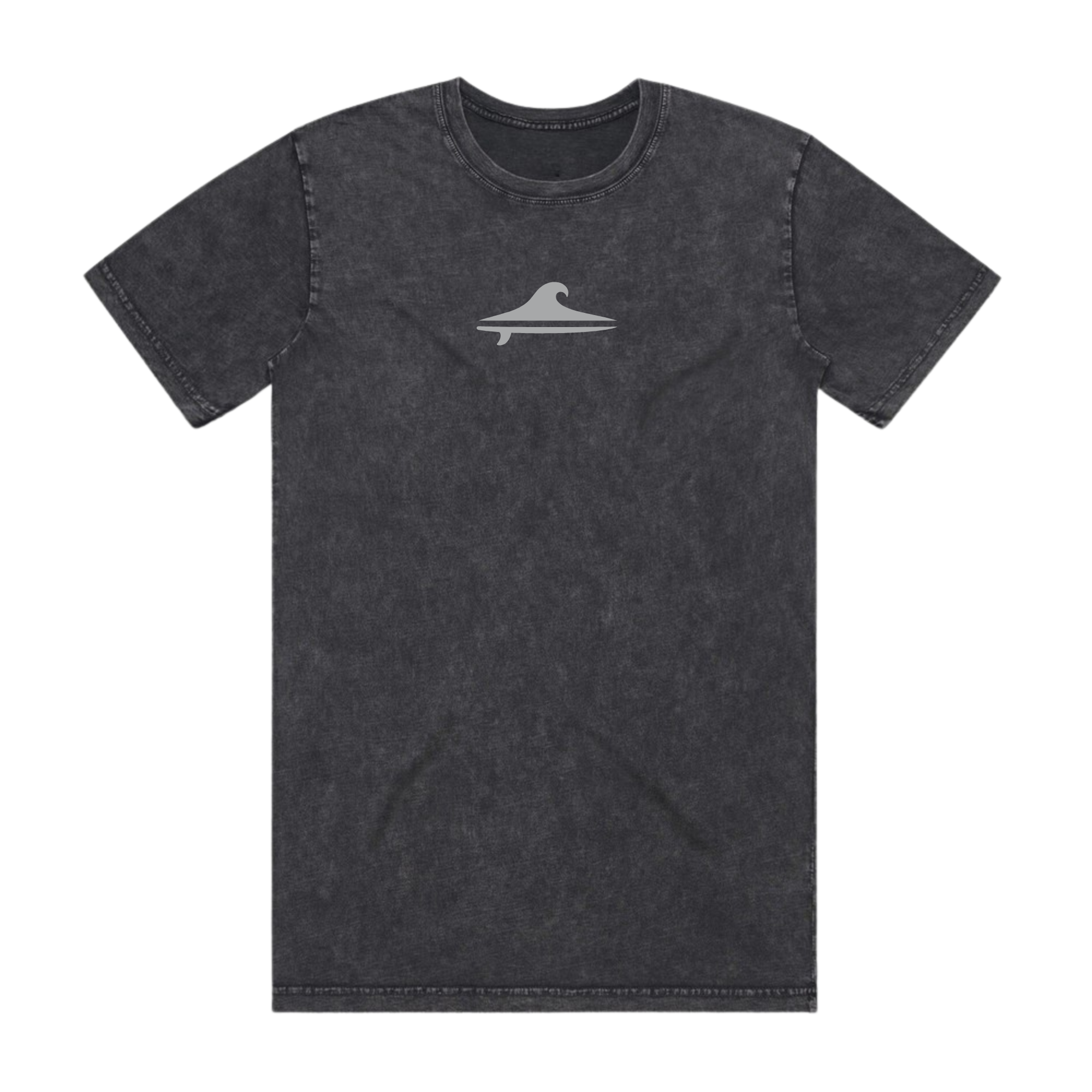 A dark gray acid-wash short-sleeve t-shirt with a small gray surfboard wave logo on the center chest, displayed flat against a solid white background.