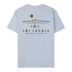 A light blue short-sleeve t-shirt shown from the back, featuring a black line art graphic of a bridge, a sign reading 'LONG BEACH ISLAND, NJ', and the text 'LBI LOCALS' with 'LONG BEACH ISLAND, NJ' underneath.