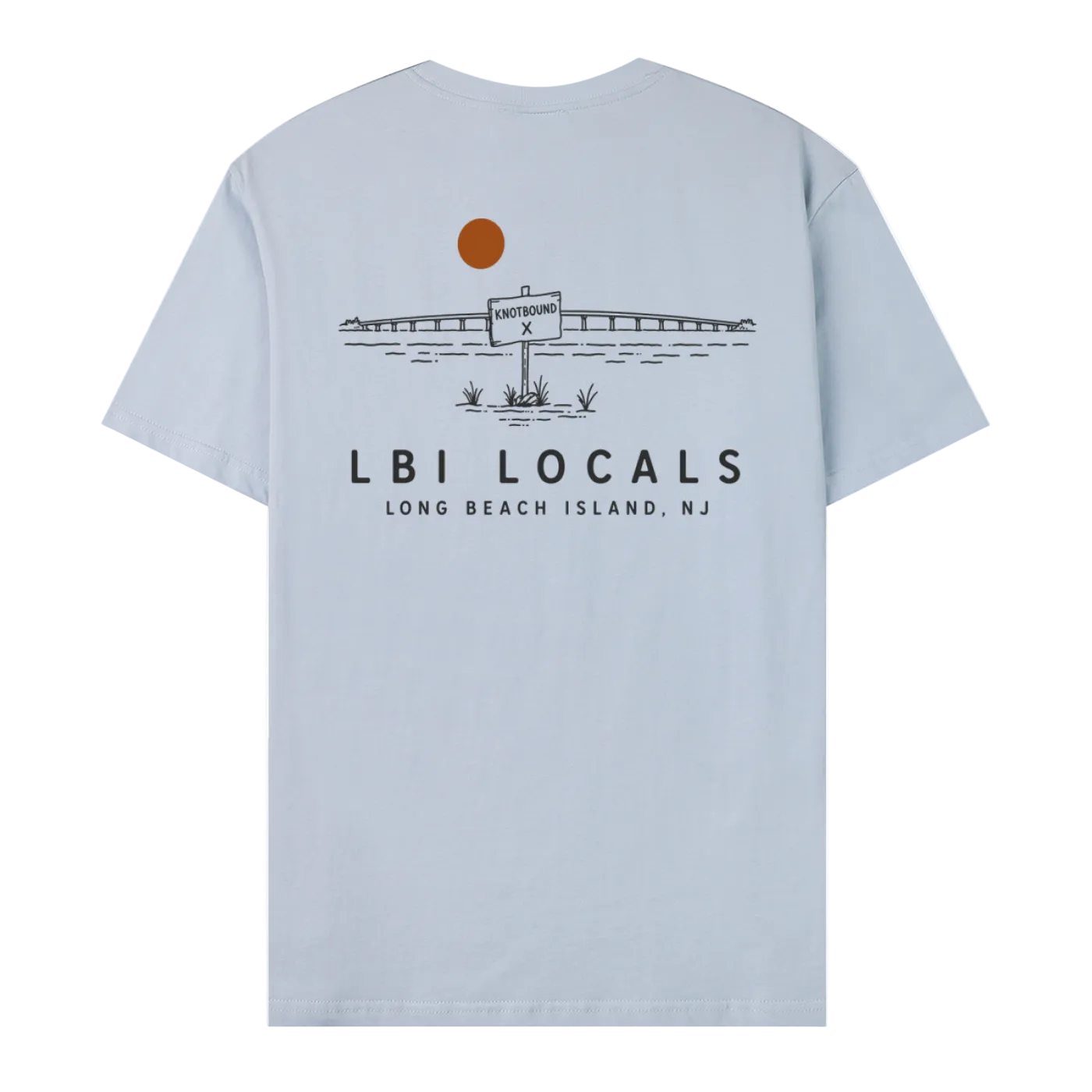 A light blue short-sleeve t-shirt shown from the back, featuring a black line art graphic of a bridge, a sign reading 'LONG BEACH ISLAND, NJ', and the text 'LBI LOCALS' with 'LONG BEACH ISLAND, NJ' underneath.