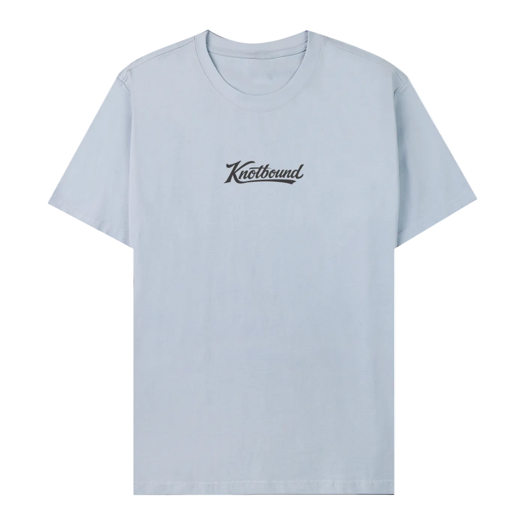 Front view of the LBI Locals x Knotbound tee in sky blue, with the Knotbound logo printed on the center chest.