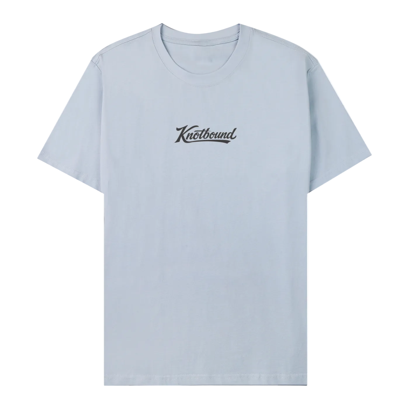 Front view of the LBI Locals x Knotbound tee in sky blue, with the Knotbound logo printed on the center chest.