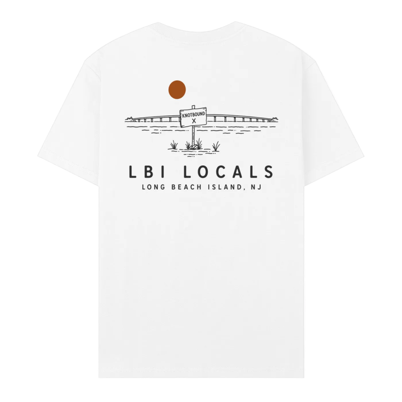 A white short-sleeve crewneck t-shirt with a black line art graphic of a bridge, a sign reading 'LONG BEACH ISLAND', and a brown sun on the back. Below the graphic, the text 'LBI LOCALS' and 'LONG BEACH ISLAND, NJ' is printed in black.