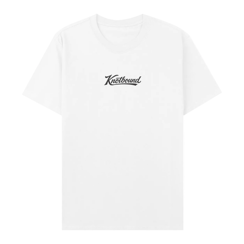 Front view of the LBI Locals x Knotbound tee in white, with the Knotbound script logo printed on the center chest.