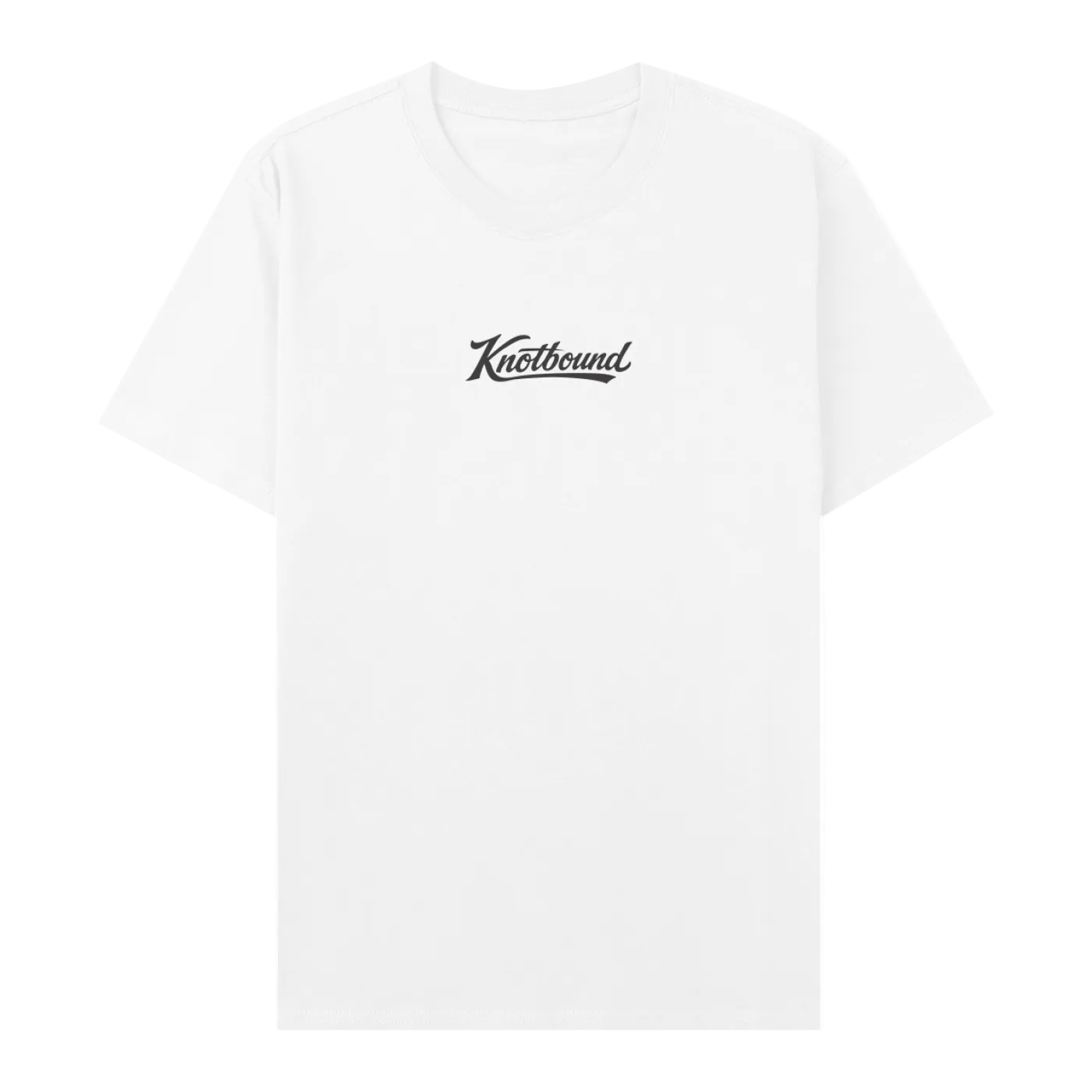 Front view of the LBI Locals x Knotbound tee in white, with the Knotbound script logo printed on the center chest.