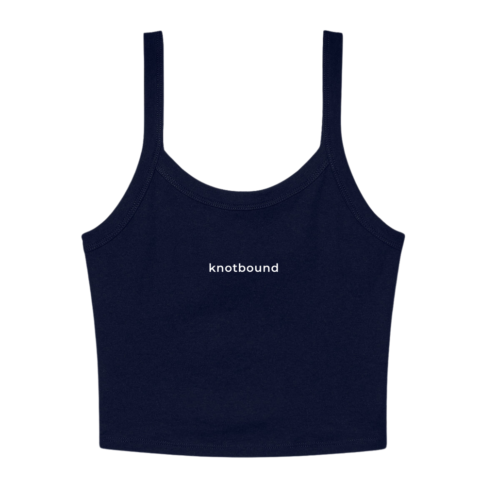 A navy blue ribbed knit crop top with thin shoulder straps and the word 'knotbound' printed in white lowercase letters across the chest, shown against a plain white background.