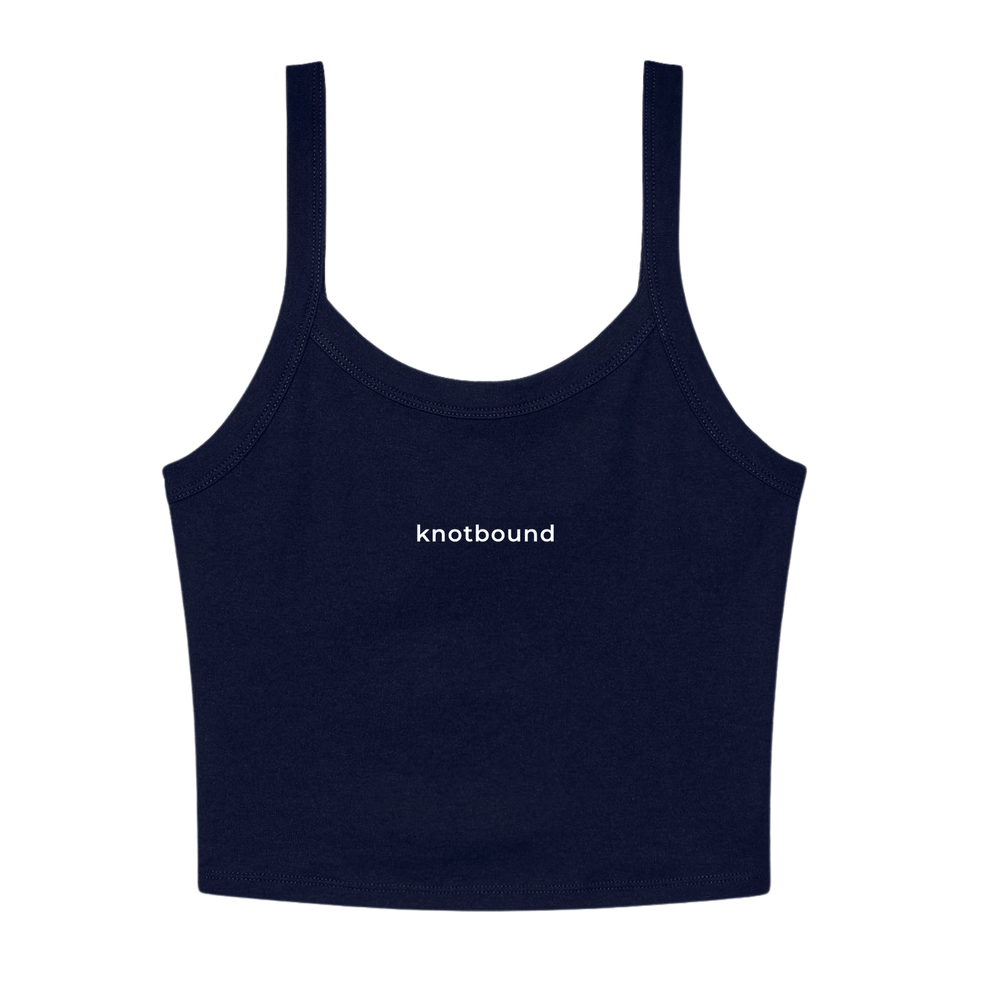 A navy blue ribbed knit crop top with thin shoulder straps and the word 'knotbound' printed in white lowercase letters across the chest, shown against a plain white background.