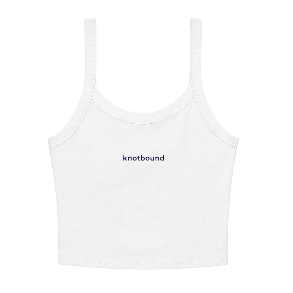 A white sleeveless crop top with thin straps and the brand name 'knotbound' printed in navy blue text at the center chest, shown against a plain white background.