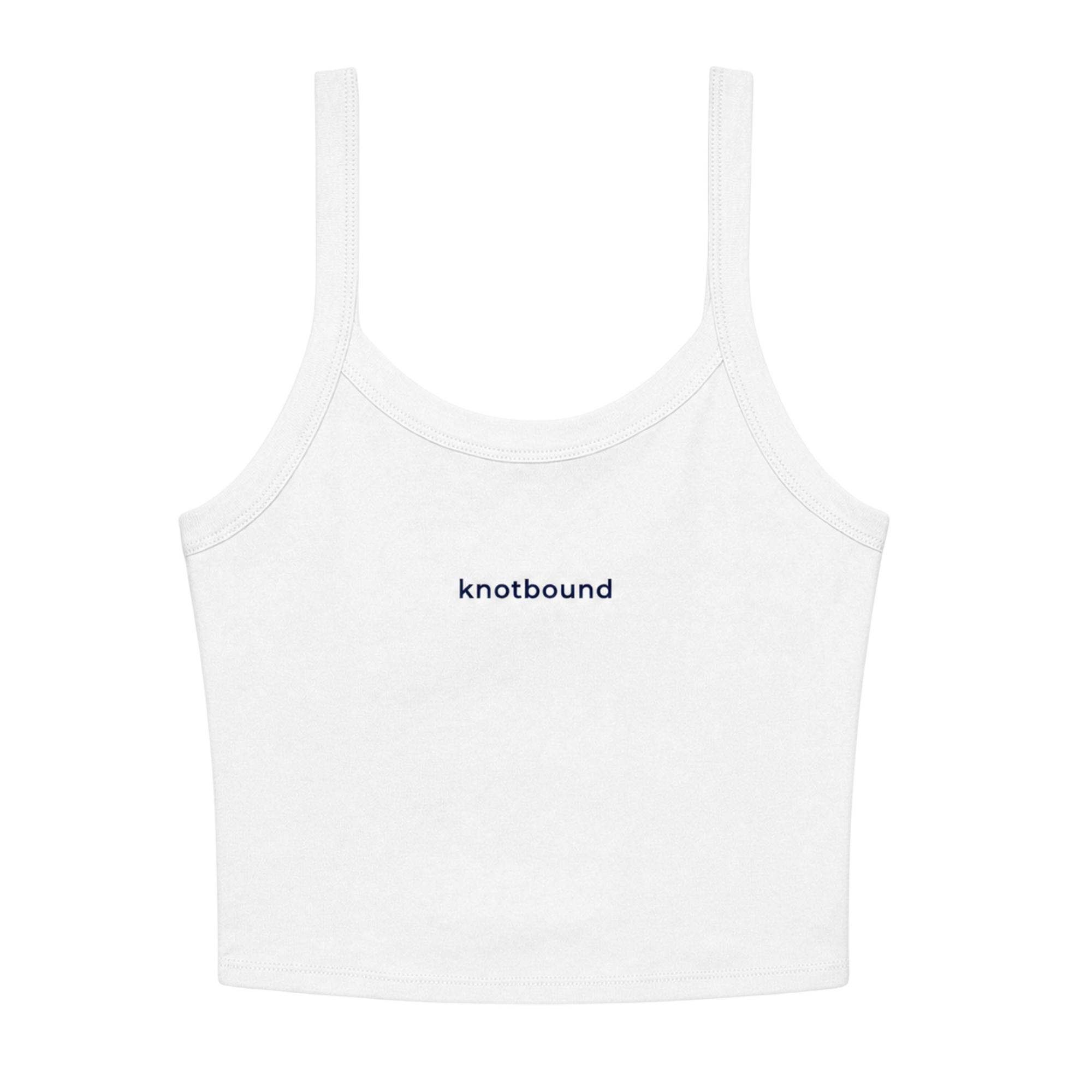 A white sleeveless crop top with thin straps and the brand name 'knotbound' printed in navy blue text at the center chest, shown against a plain white background.
