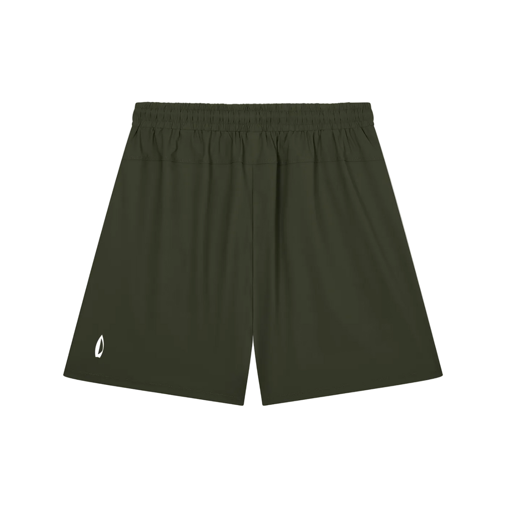 Dark olive green athletic shorts with an elastic waistband and a small white logo on the lower left leg, shown against a plain white background.