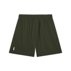 Dark olive green athletic shorts with an elastic waistband and a small white logo on the lower left leg, shown against a plain white background.