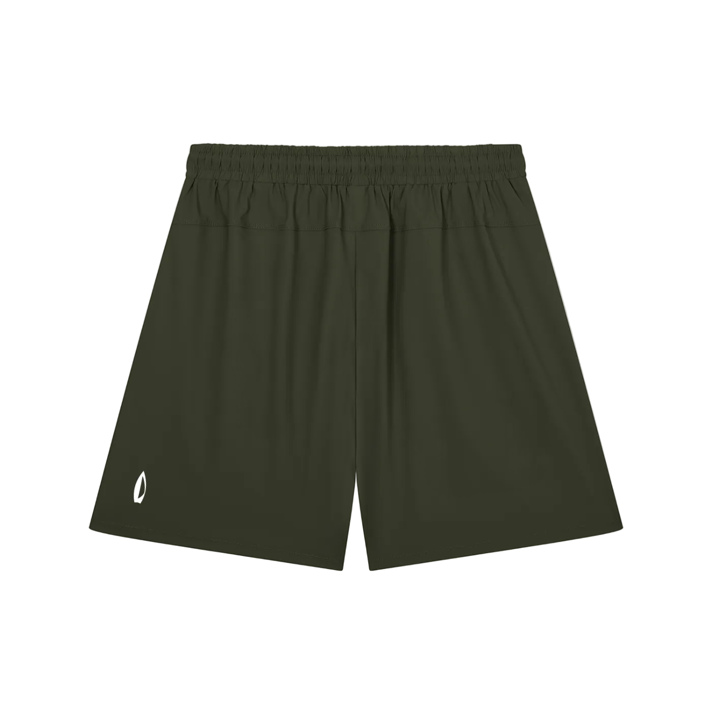 Dark olive green athletic shorts with an elastic waistband and a small white logo on the lower left leg, shown against a plain white background.