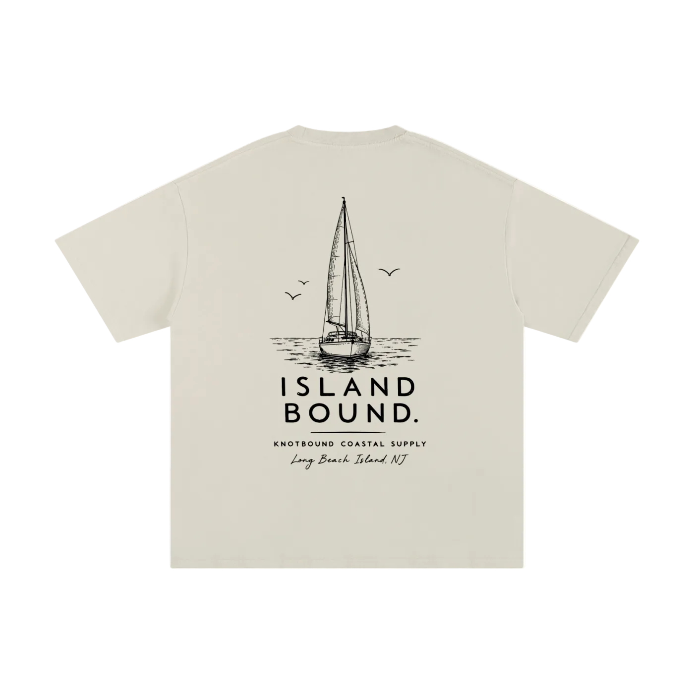 Beige t-shirt with sailboat graphic and 'Island Bound' text on a white background