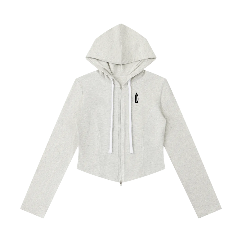 Light gray hoodie with a small logo on a white background
