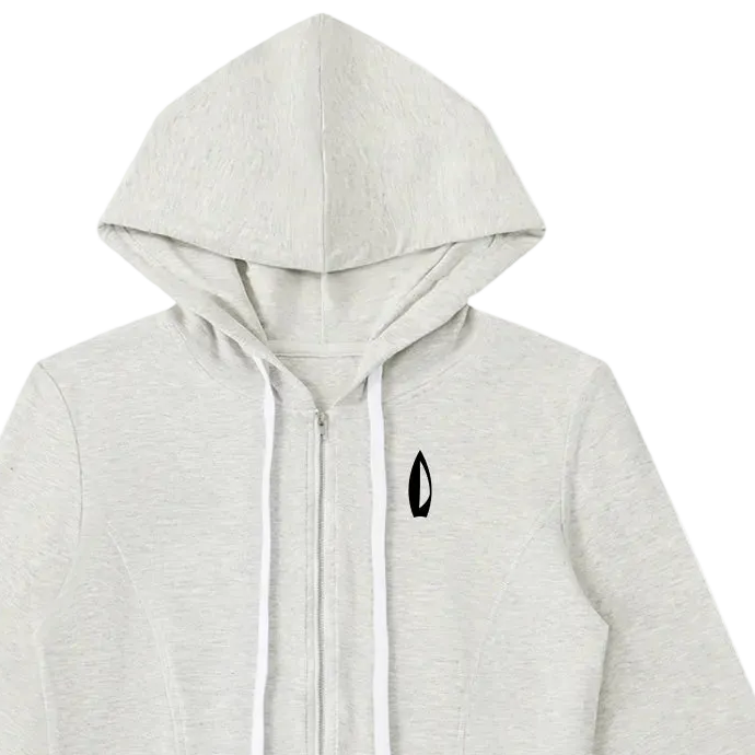 A light heather gray zip-up hoodie with white drawstrings and a small black logo on the left chest, displayed against a solid white background.