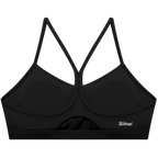 Black bikini top with thin straps on a white background