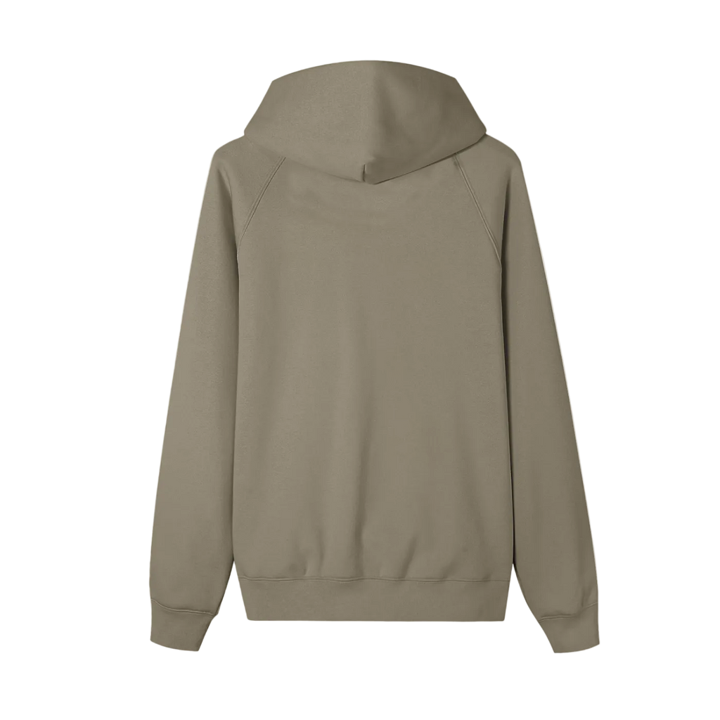 A plain hooded sweatshirt shown from the back, in a muted taupe or khaki color, isolated on a white background.