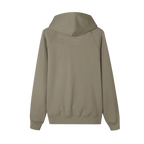 A plain hooded sweatshirt shown from the back, in a muted taupe or khaki color, isolated on a white background.
