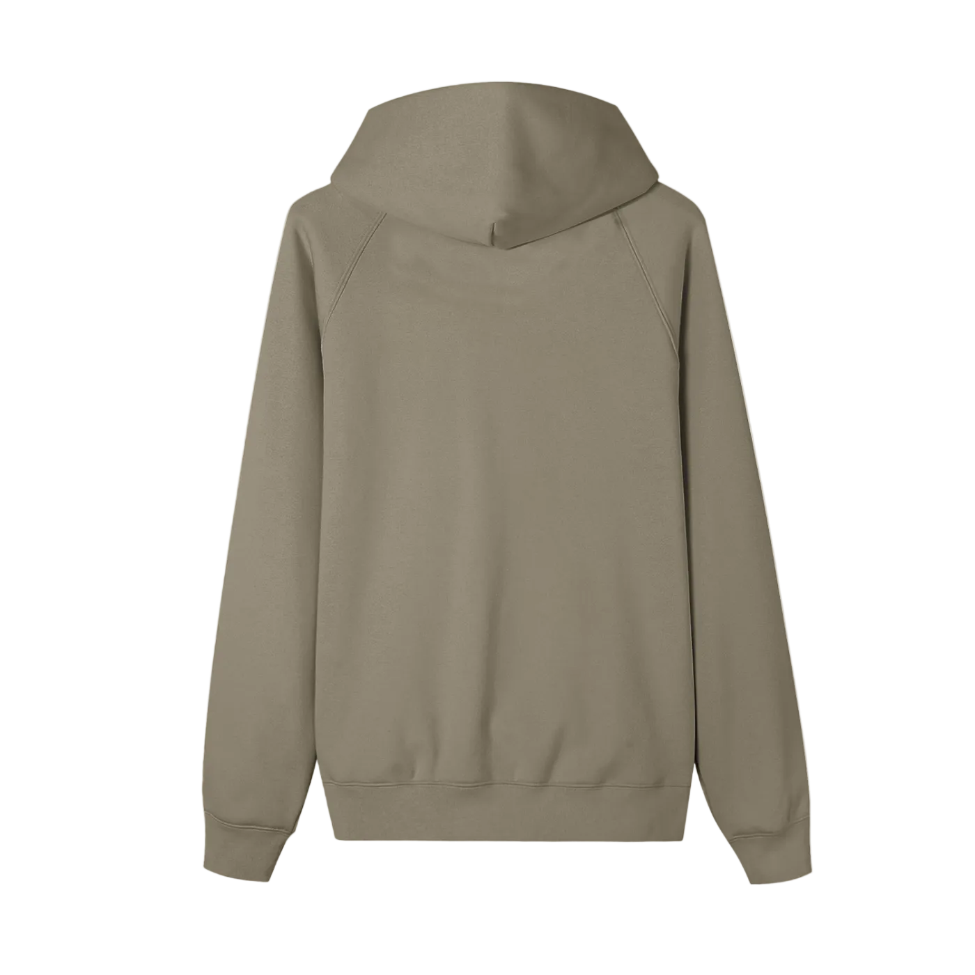 A plain hooded sweatshirt shown from the back, in a muted taupe or khaki color, isolated on a white background.