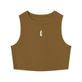 Brown cropped crewneck tank top with a small chest logo, shown flat against a white background.