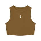 Brown cropped crewneck tank top with a small chest logo, shown flat against a white background.