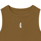 A sleeveless cropped tank top in a warm brown color, featuring a small white leaf-shaped logo centered on the chest, displayed against a solid white background.