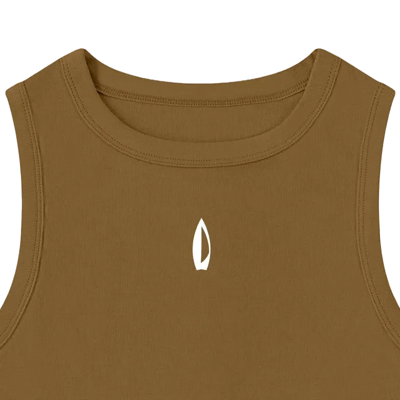 A sleeveless cropped tank top in a warm brown color, featuring a small white leaf-shaped logo centered on the chest, displayed against a solid white background.