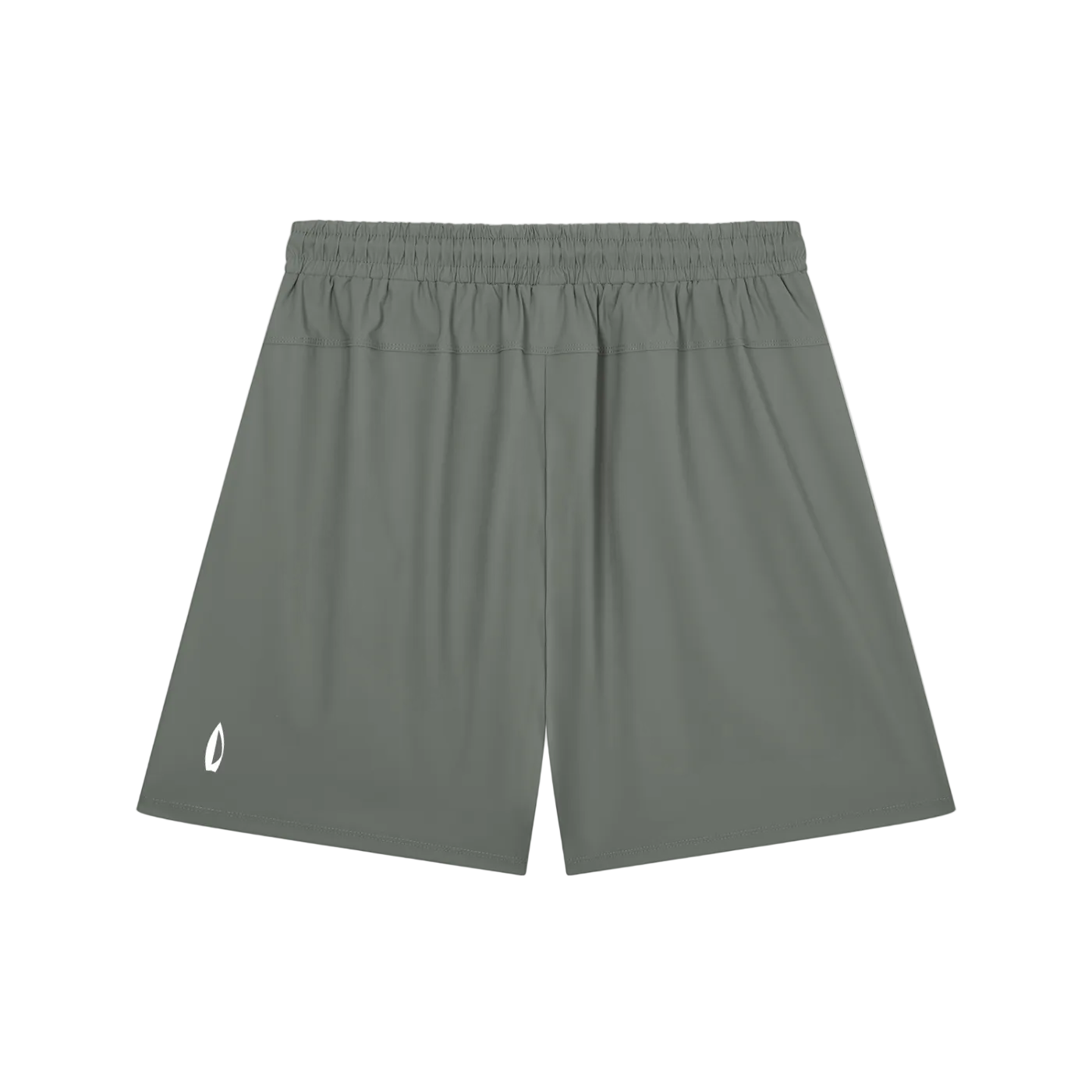 A pair of athletic shorts in a muted gray-green color, featuring an elastic waistband and a small white logo on the lower left leg, displayed against a plain white background.