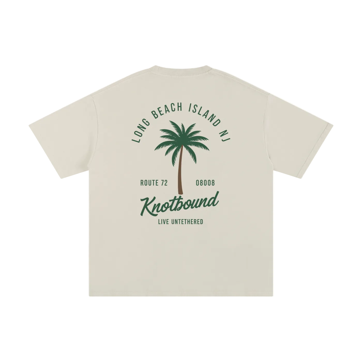 Beige t-shirt with palm tree graphic and text on a white background
