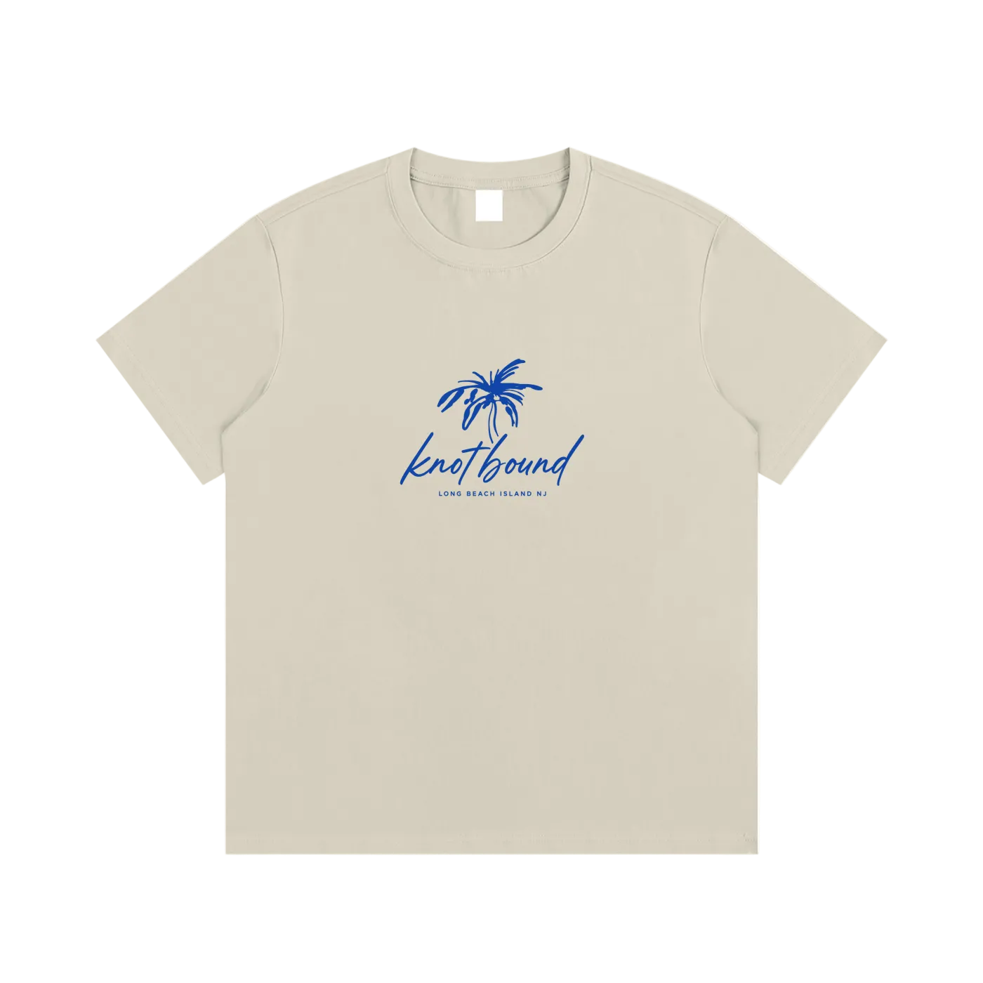 Beige t-shirt with blue palm tree design and text on a white background