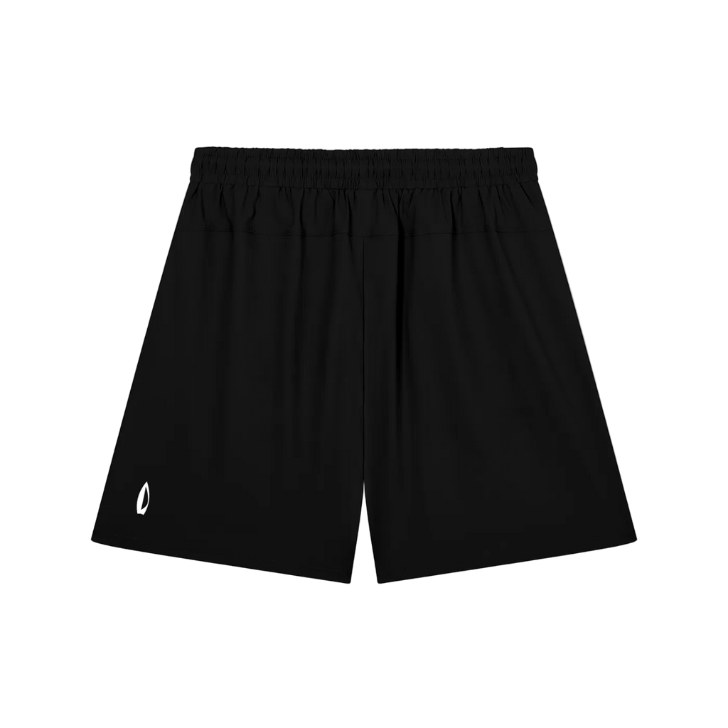 Black athletic shorts with an elastic waistband and a small white logo on the lower left leg, shown against a plain white background.