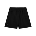 Black athletic shorts with an elastic waistband and a small white logo on the lower left leg, shown against a plain white background.