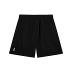 Black athletic shorts with an elastic waistband and a small white logo on the lower left leg, shown against a plain white background.