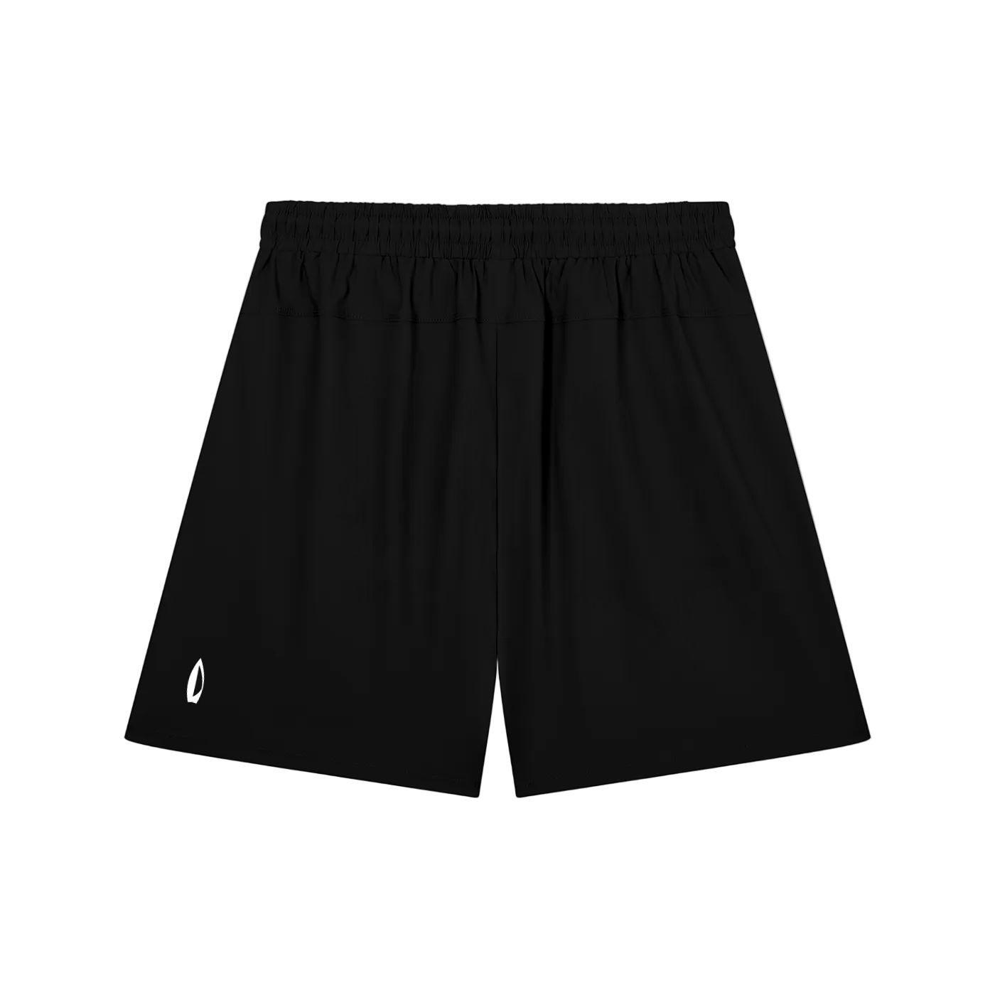 Black athletic shorts with an elastic waistband and a small white logo on the lower left leg, shown against a plain white background.