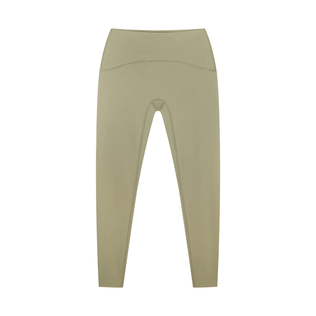 High waisted ankle length yoga leggings, side view against a white background.