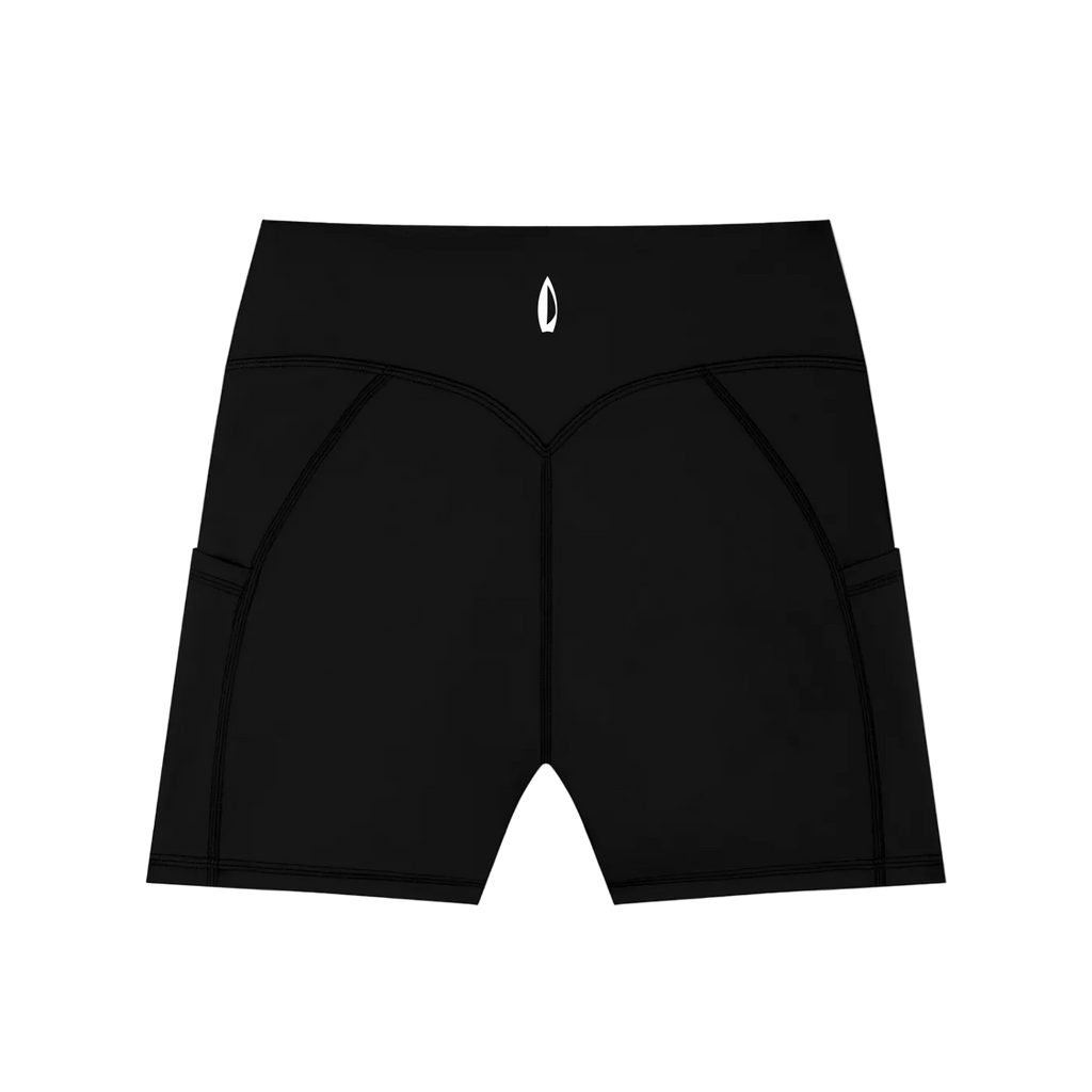 Black high waisted biker shorts with side pockets, shown against a white background.