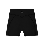 Black high waisted biker shorts with side pockets, shown against a white background.