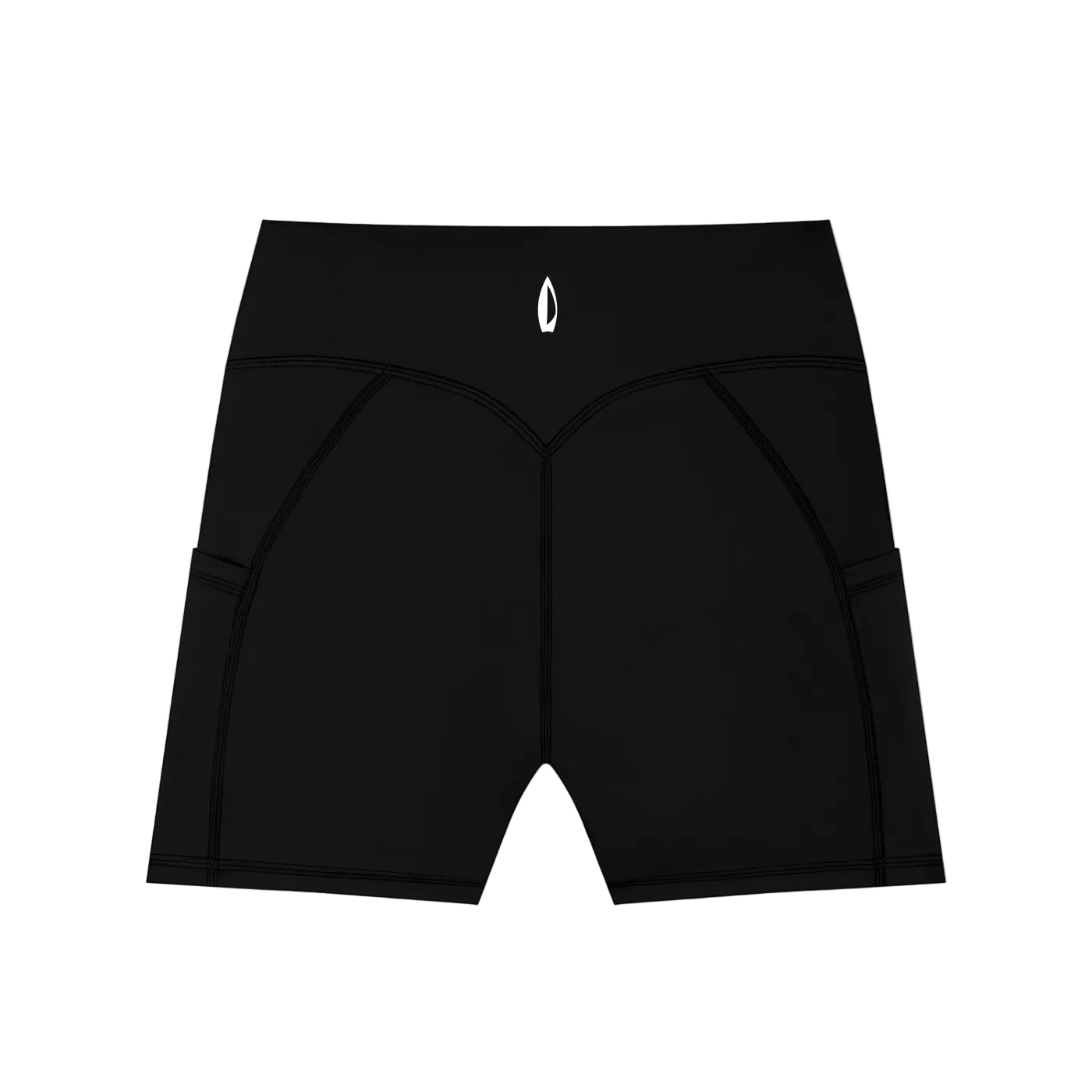 Black high waisted biker shorts with side pockets, shown against a white background.