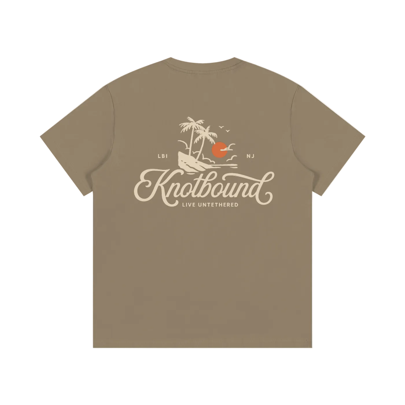 Brown t-shirt with 'Knotbound' logo and design on the back against a white background