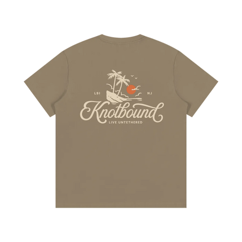 Brown t-shirt with 'Knotbound' logo and design on the back against a white background